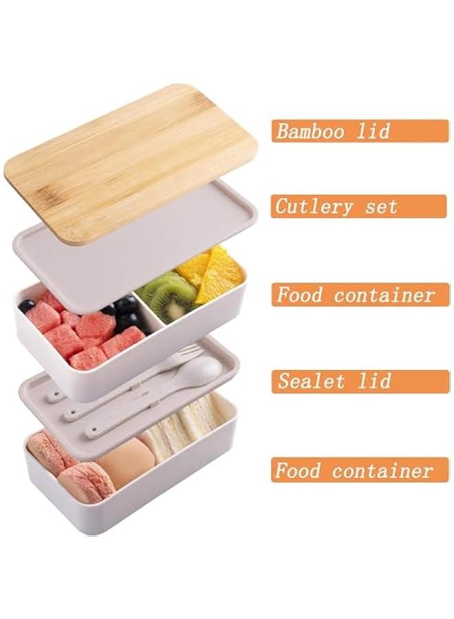 HOOKOR Japanese Bamboo Bento Box with Compartments and Utensils Stackable Lunch Box Includes Lunch Bag for Meal Prep Black (Beige) - Image 3