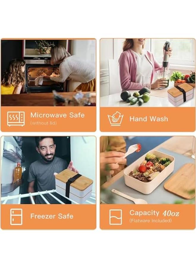 HOOKOR Japanese Bamboo Bento Box with Compartments and Utensils Stackable Lunch Box Includes Lunch Bag for Meal Prep Black (Beige) - Image 4