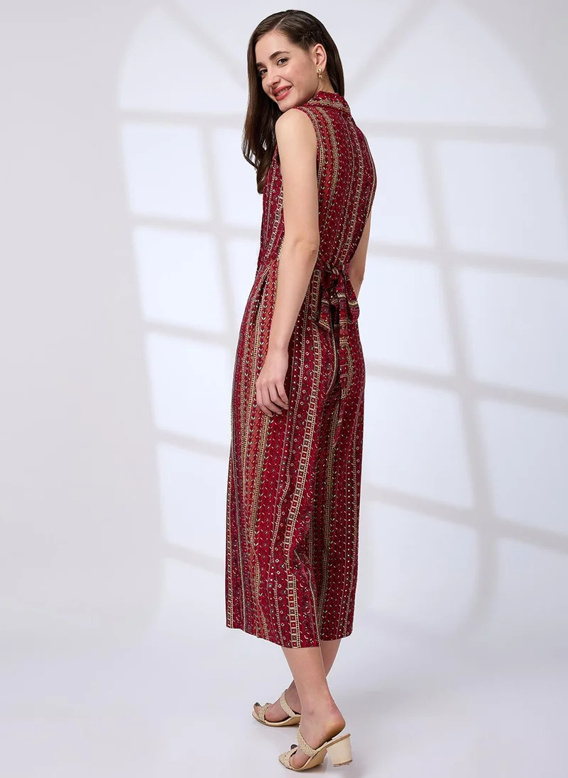 Globus Maroon And White Globus Women's Maroon Floral Printed Sleeveless Fusion Jumpsuit with Waist Tie-Up for Women | Best Price UAE