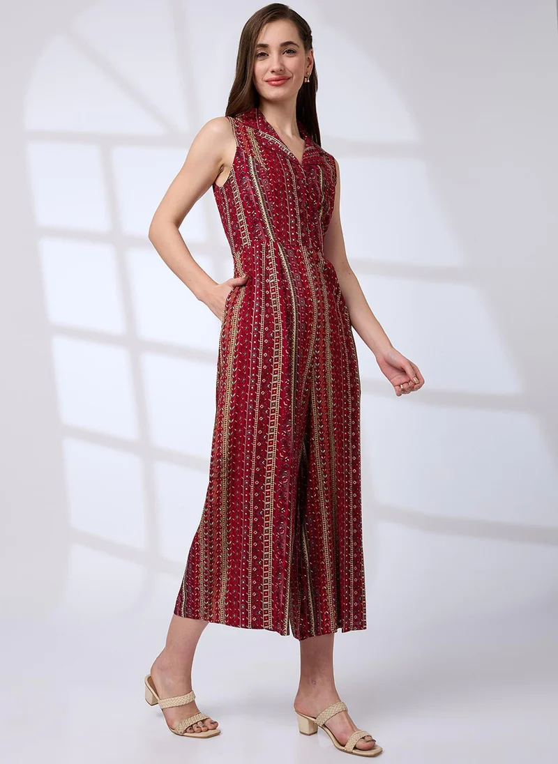 Globus Maroon And White Globus Women's Maroon Floral Printed Sleeveless Fusion Jumpsuit with Waist Tie-Up for Women | Best Price UAE