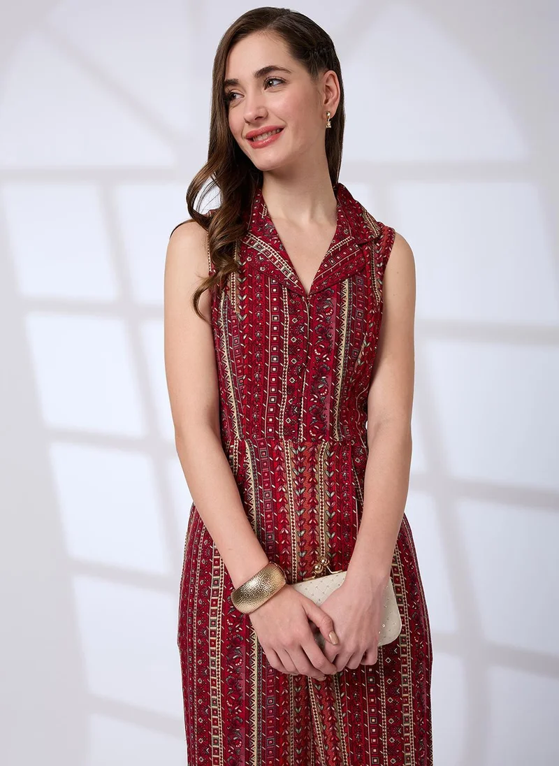 Globus Maroon And White Globus Women's Maroon Floral Printed Sleeveless Fusion Jumpsuit with Waist Tie-Up for Women | Best Price UAE