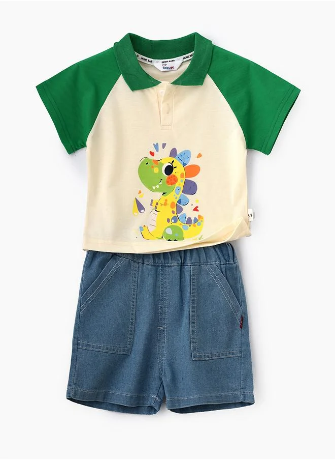 babyqlo Green Dino Polo Tee and Shorts Set