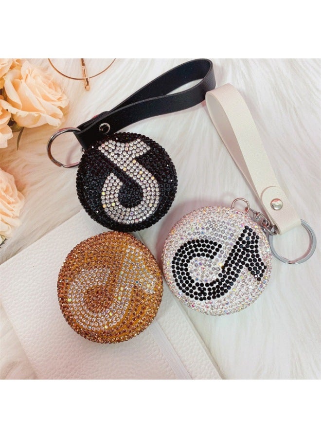 Same Fashion Double-sided Folding Portable Mirror Cute Round Diamond-embedded Small Mirror Keychain Packaging Pendant-Height:Champagne-6cm * 6cm - Image 3
