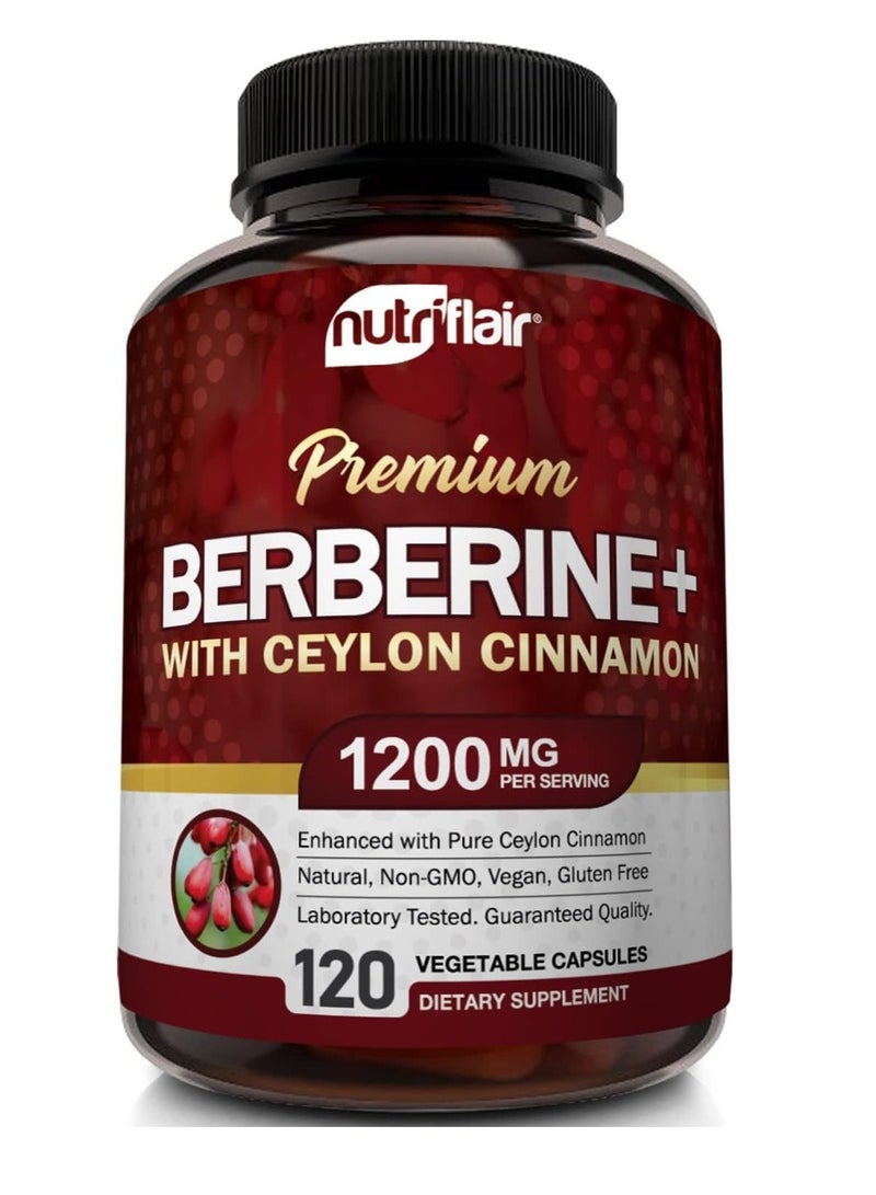 NutriFlair Premium Berberine HCL 1200mg, 120 Capsules - Plus Pure True Ceylon Cinnamon - Berberine HCI Root Supplement Pills - Image 1