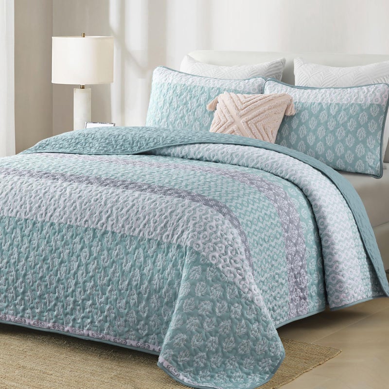 Cottolester Aqua Quilt Set Queen Size Boho Striped Bedspread Lightweight Soft Microfiber Bedding Set 96"x90" (3 Pieces) - Image 1