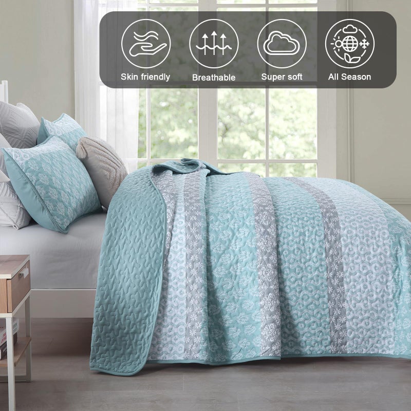 Cottolester Aqua Quilt Set Queen Size Boho Striped Bedspread Lightweight Soft Microfiber Bedding Set 96"x90" (3 Pieces) - Image 3
