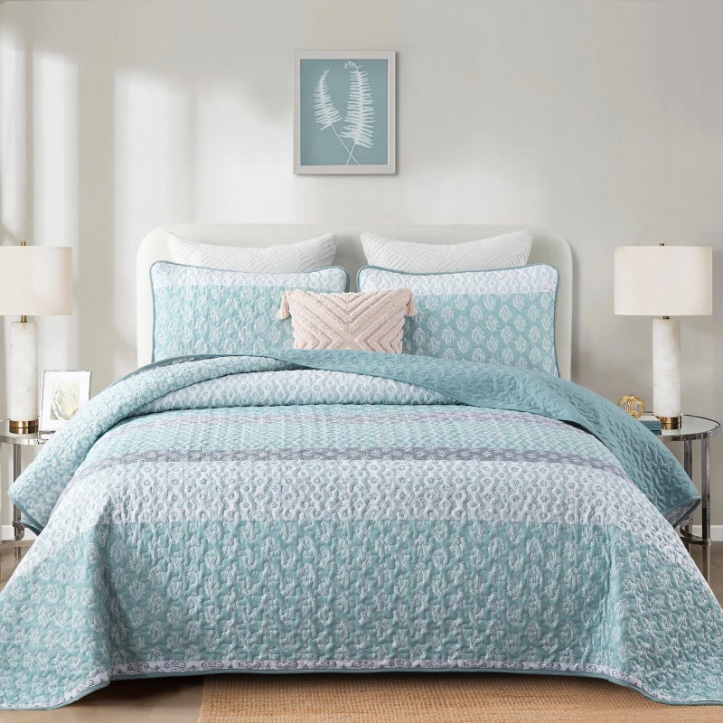 Cottolester Aqua Quilt Set Queen Size Boho Striped Bedspread Lightweight Soft Microfiber Bedding Set 96"x90" (3 Pieces) - Image 2