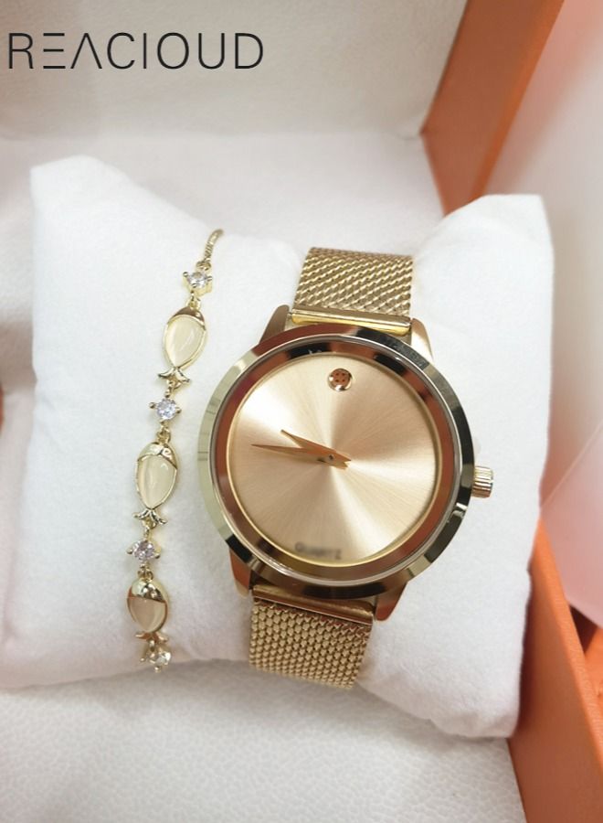 REACLOUD Simple Dial Ladies Watch + Small Fish Opal Bracelet - Image 1