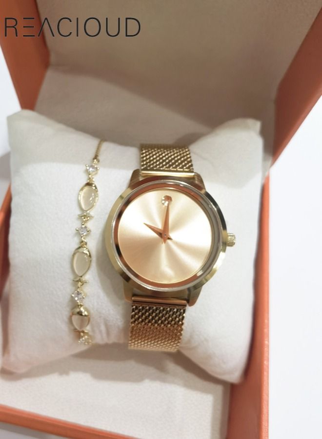 REACLOUD Simple Dial Ladies Watch + Small Fish Opal Bracelet - Image 2