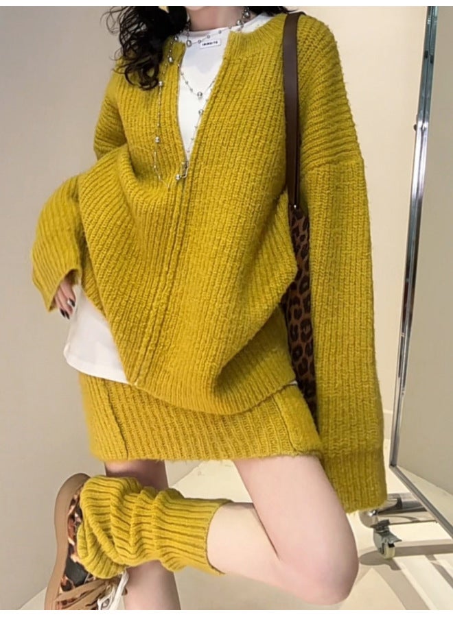 Leyuan Autumn And Winter Round Neck Loose Lazy Long Sleeve Zipper Knitted Cardigan Top And Skirt Two-piece Set Women's Sweater - Image 3