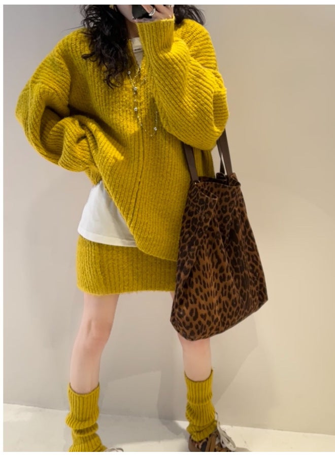 Leyuan Autumn And Winter Round Neck Loose Lazy Long Sleeve Zipper Knitted Cardigan Top And Skirt Two-piece Set Women's Sweater - Image 2