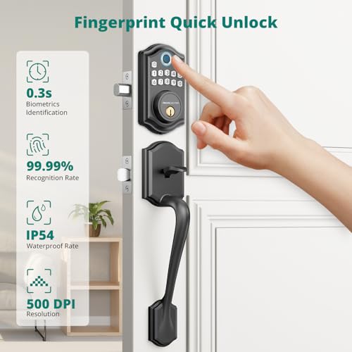 AkaGear DS10 Keyless Entry Door Lock with Handle Set Fingerprint Door Lock Keypad Deadbolt Exterior Door Knob Set Smart Lock for Front Door AutoLock Code 2 Keys Easy Installation Matte Black - Image 3