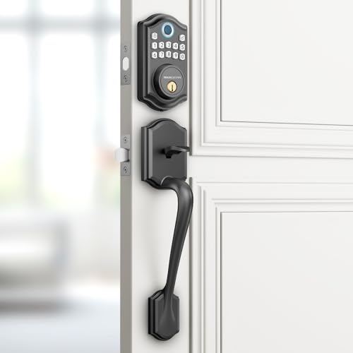 AkaGear DS10 Keyless Entry Door Lock with Handle Set Fingerprint Door Lock Keypad Deadbolt Exterior Door Knob Set Smart Lock for Front Door AutoLock Code 2 Keys Easy Installation Matte Black - Image 1