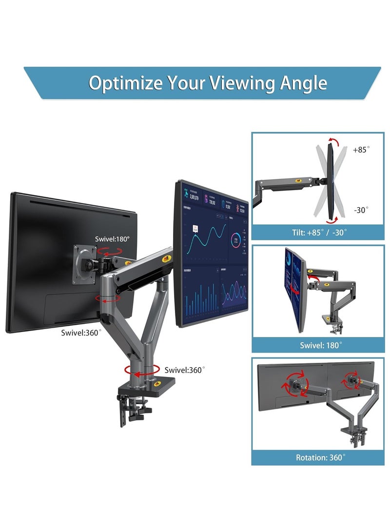 ارواق ذراع شاشة مزدوج NB North Bayou، حامل دوار كامل الحركة واسع للغاية مع زنبرك غاز لشاشات مقاس 22 بوصة - 32 بوصة، سعة تحميل من 4.4 إلى 33 رطلًا لكل حامل ارتفاع قابل للتعديل G35 رمادي - Image 3