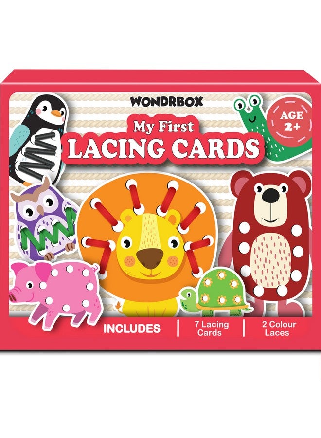 WONDRBOX Lacing Activity for Kids | Includes 7 Big Cardboard Cutouts and 2 Laces | Montessori Educational Toys Gifts for Kids Age 2 3 4 -Multi Color (Animal Lacing) - Image 1
