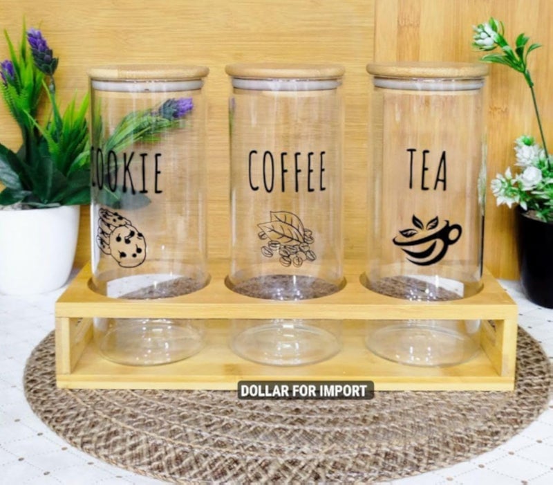 برطمانات تخزين زجاجية عامة بأغطية من الخيزران وحامل، طقم من 3 قطع، علب لحفظ البسكويت والقهوة والشاي.