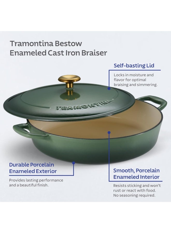 TRAMONTINA Bestow Enameled Cast Iron Braiser 3.8L with Lid | Casserole Pan | Shallow Dutch Oven | Even Heat Retention | Low Oil Healthy Cooking | No Seasoning Required | All Cooktops Compatible | Green - Image 4