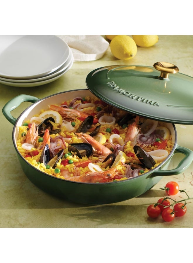 TRAMONTINA Bestow Enameled Cast Iron Braiser 3.8L with Lid | Casserole Pan | Shallow Dutch Oven | Even Heat Retention | Low Oil Healthy Cooking | No Seasoning Required | All Cooktops Compatible | Green - Image 2