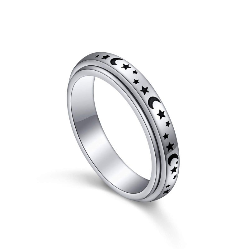 S925 Sterling Silver Spinner Fidget Anxiety Worry Relieving Boredom ADHD Autism Band Rings Moon Stars