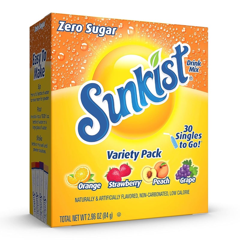Sunkist Soda Singles To Go Variety Pack - Orange, Strawberry, Grape, and Peach Flavors (30 Powdered Drink Mix Sticks) - Image 1
