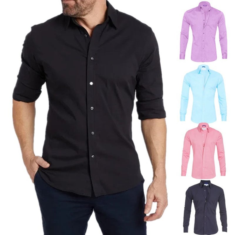 Explosions Men'S Zipper Shirt Hidden Zipper Fake Button Oxford Stretch Cotton Zipper Lining - Image 3