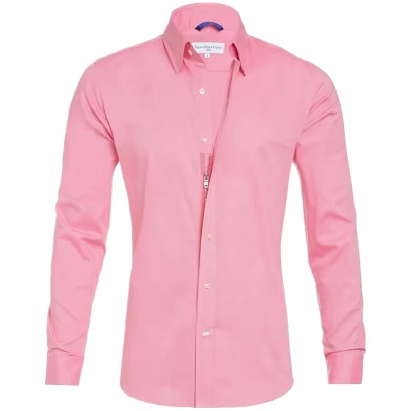 Explosions Men'S Zipper Shirt Hidden Zipper Fake Button Oxford Stretch Cotton Zipper Lining - Image 4