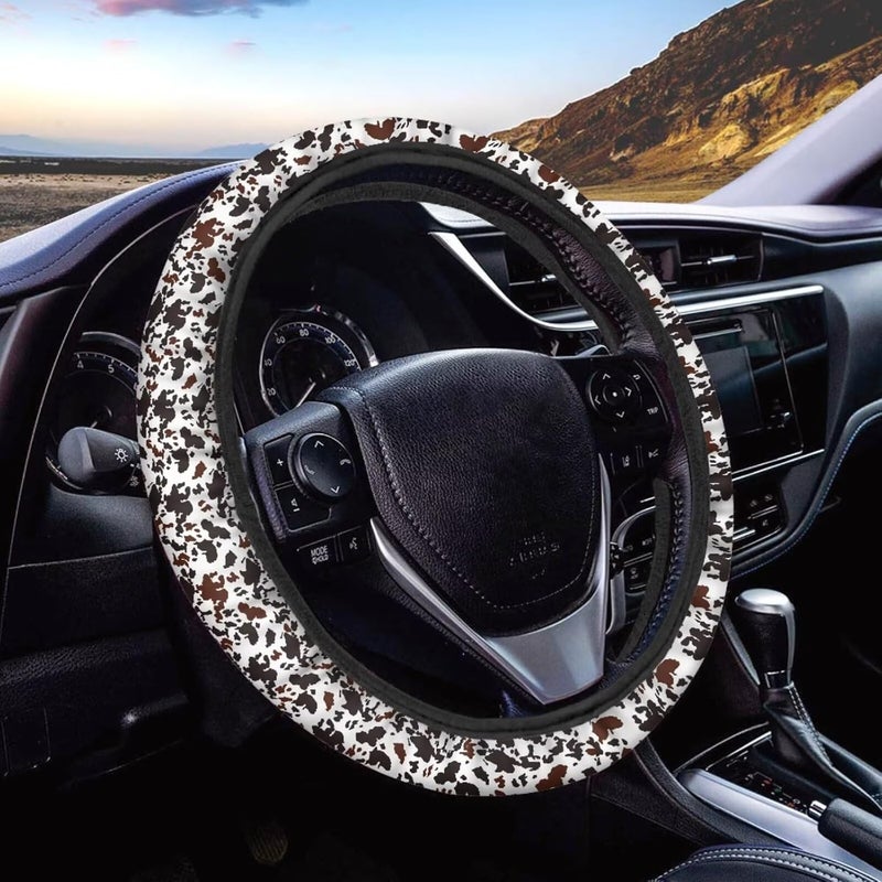 Universal Non-Slip Steering Wheel Cover, 15-inch Polyester Material Driving Accessories, Suitable for Car and Truck(Hazelnut Cow Print) - Image 1