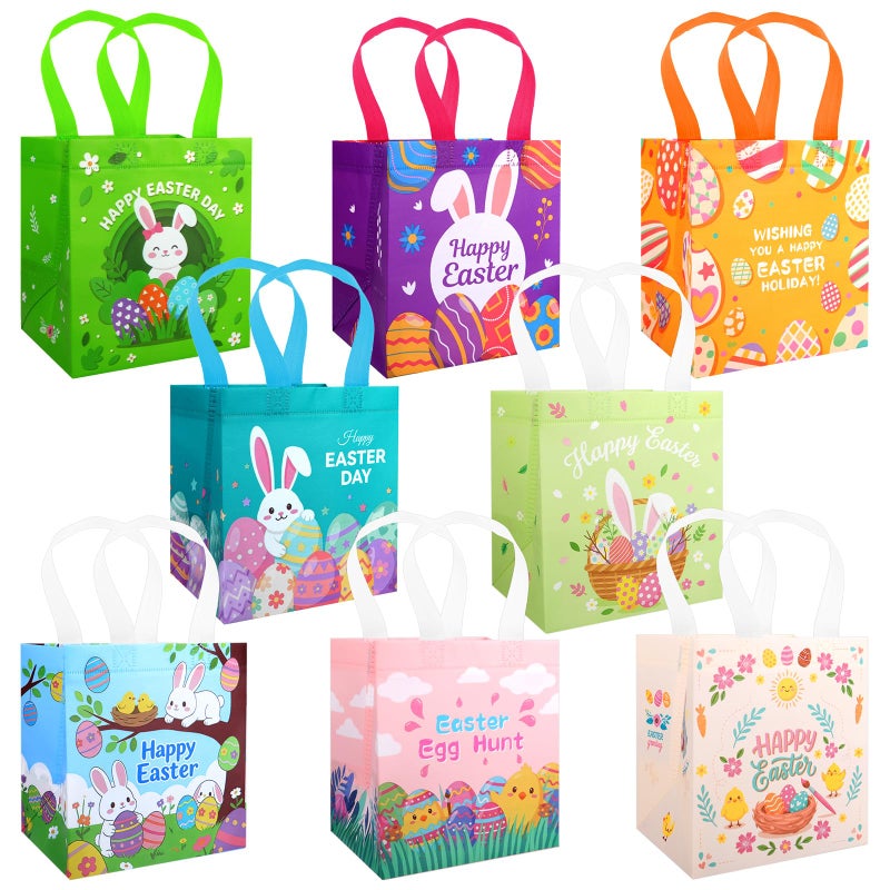 STARSIDE 8 Pack Easter Egg Hunt Bags with Handles for Kids - Reusable Non-Woven Cute Bunny Chick Carrot Tote Bags for Gift Wrapping, Easter Treats, Goodie Bags & Party Favors (7.09x5.91x7.87 Inches) - Image 1