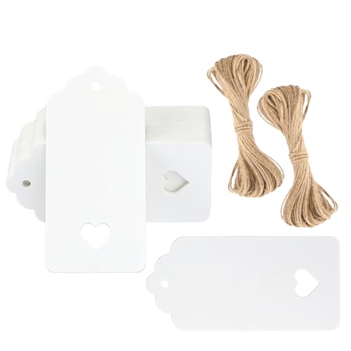 G2PLUS Gift Tags with String, 100PCS Hollow Heart Gift Tags, 3.7x1.8 in Blank Label Hang Tag, Heart Wedding Favors Tag, White Paper Hangtags for Valentine's, Mother's Day, Christmas Party Favors - Image 1