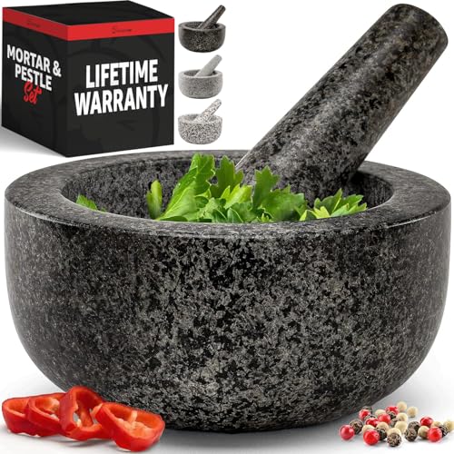 Priority Chef Heavy Duty Large 2 Cup Mortar and Pestle Set100 Granite Non Slip Base Make Fresh Guacamole Salsa Pesto Stone Grinder Bowl Herb Crusher Spice Grinder 63 Inch Size Black