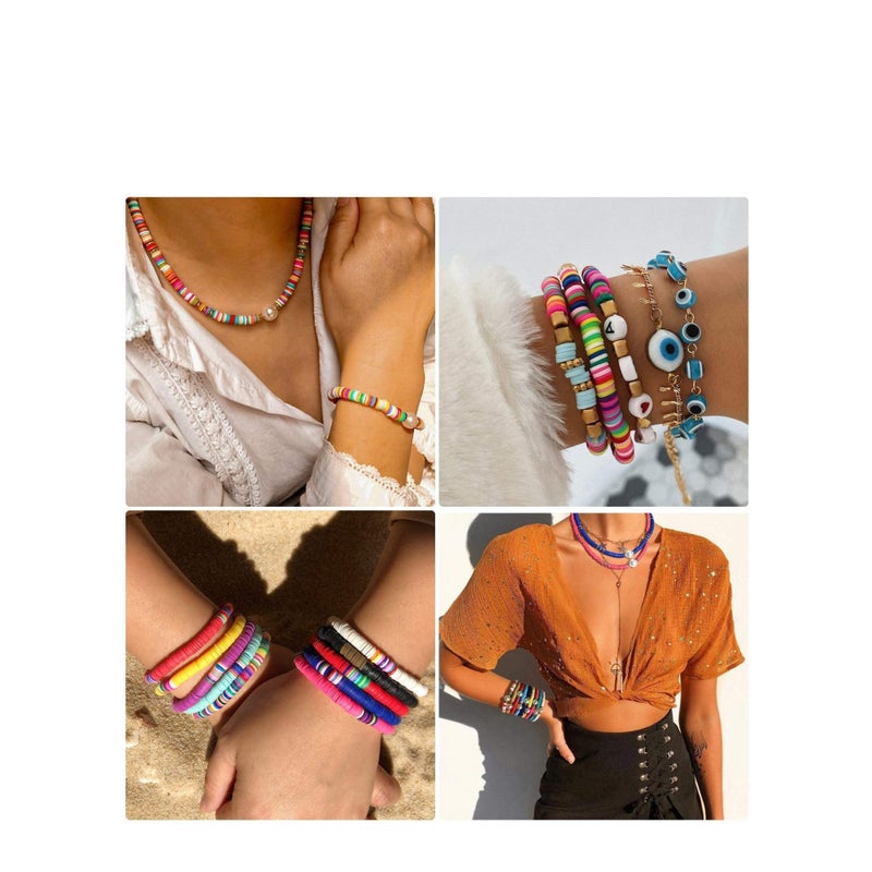 Zikra Clay Beads for Bracelet Making 6mm Flat Round Polymer Clay Heishi Beads with Pendant Charms Kit Letter Beads and Elastic Strings for DIY Bracelets Necklace Jewelry Making - Image 3