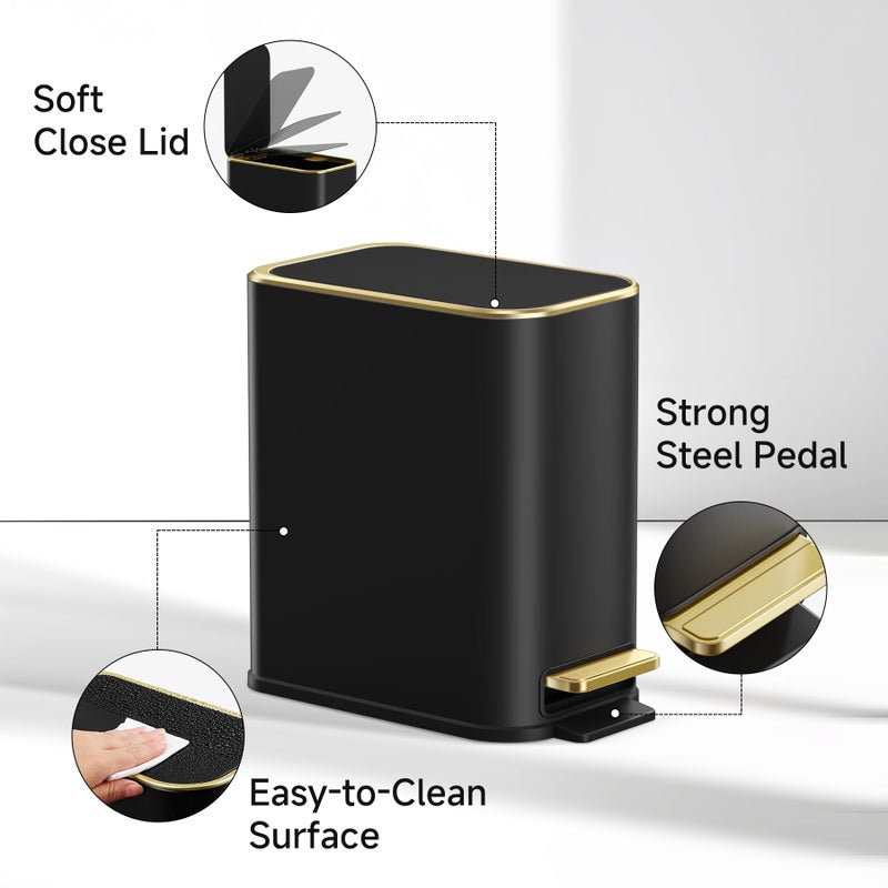 TIPGO Small Bathroom Trash Can with Lid Soft Close, Step Pedal, 5 Liter / 1.3 Gallon Stainless Steel Trash Bin, Slim Garbage Cans for Toilet, Office, Bedroom (Black) - Image 3