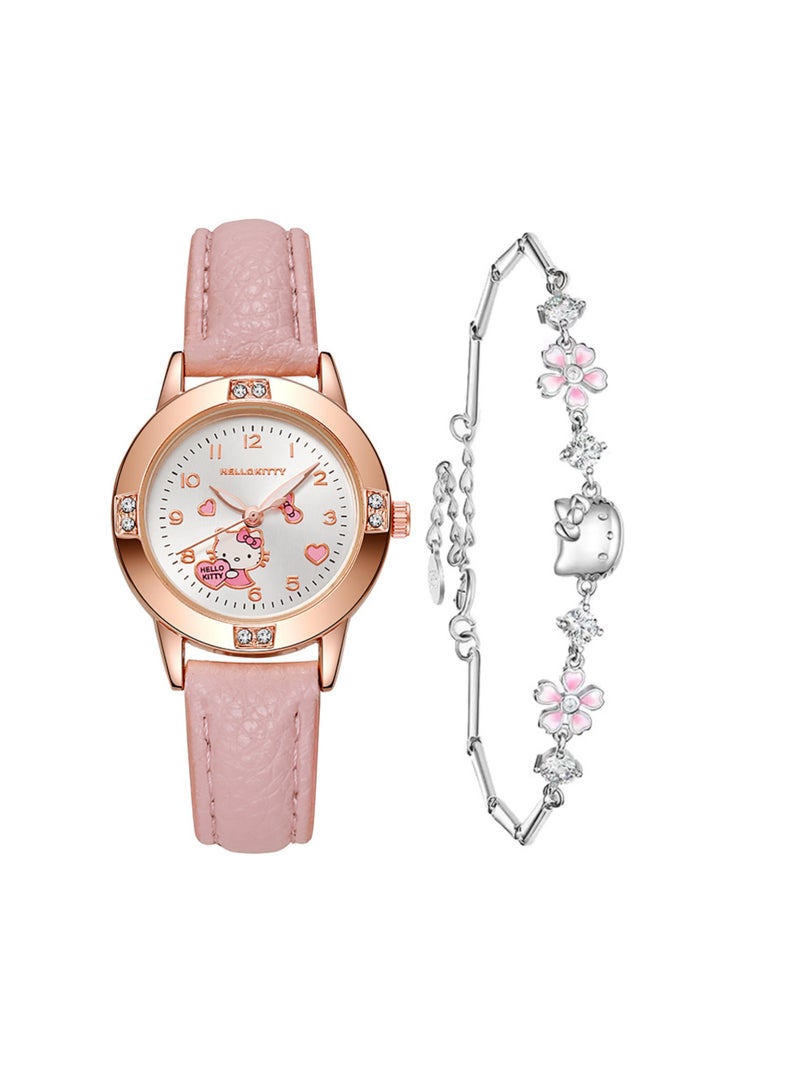 Hello Kitty 2 PCS Hello Kitty Watch Gifts Set with Bracelet Pink for Lady Female Girls Minimalist Slim Thin Casual Dress Analog Quartz Wrist Watches - Image 1