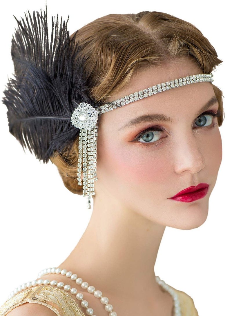 Excefore 1920's Flapper Headband, Great Gatsby Inspired Feather Headpiece 20s Art Deco Hair Accessories BLACK - Image 1