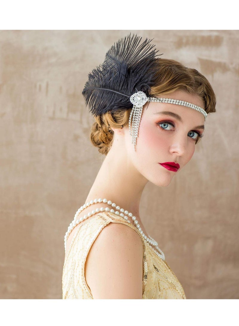 Excefore 1920's Flapper Headband, Great Gatsby Inspired Feather Headpiece 20s Art Deco Hair Accessories BLACK - Image 5
