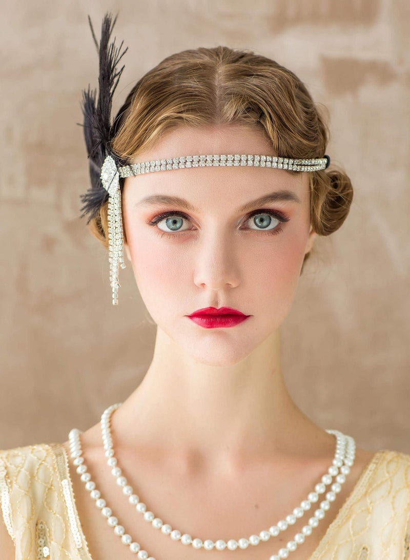 Excefore 1920's Flapper Headband, Great Gatsby Inspired Feather Headpiece 20s Art Deco Hair Accessories BLACK - Image 4