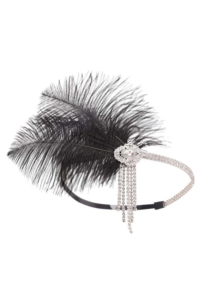 Excefore 1920's Flapper Headband, Great Gatsby Inspired Feather Headpiece 20s Art Deco Hair Accessories BLACK - Image 2
