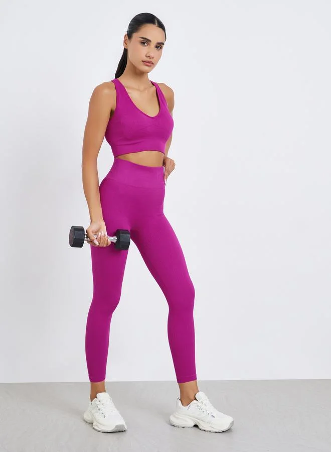 Styli Active Women Rib Textured Racerback Bra and Leggings Set