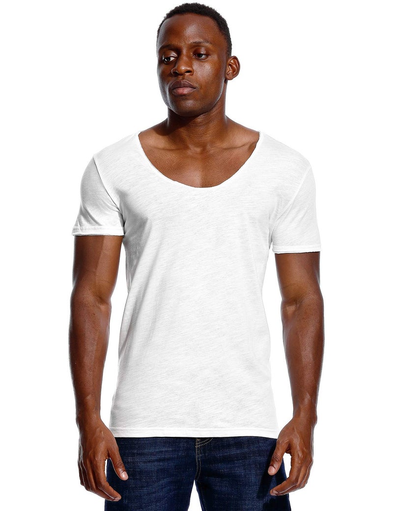 Zbrandy Deep V Neck T Shirt for Men Low Cut Scoop Tee Invisible Tshirt Vee Top White XXL - Image 1