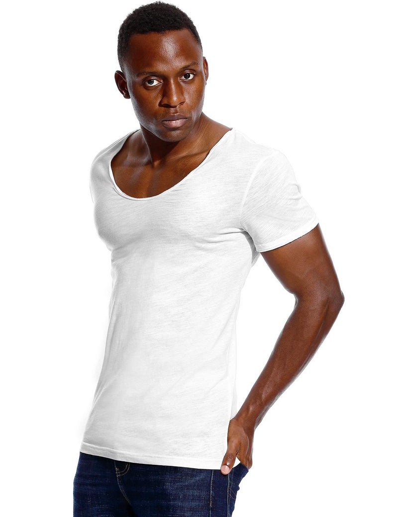 Zbrandy Deep V Neck T Shirt for Men Low Cut Scoop Tee Invisible Tshirt Vee Top White XXL - Image 2