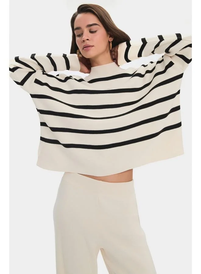 JUNE June Women Half-Neck Striped Knitwear Sweater Ecru - Black
