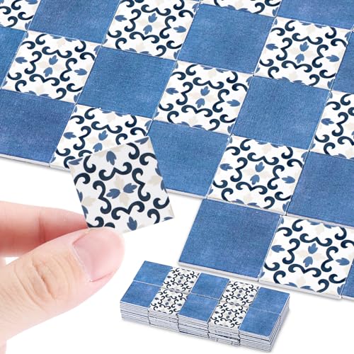 ShinyRelief 120 Pcs Dollhouse Floor Tiles Dollhouse Flooring 1 12 Scale 1 6 Scale Doll House Wallpaper Peel and Stick Miniature Bricks Carpet Double Sided Floor Tile Floral Blue Color Marble - Image 1