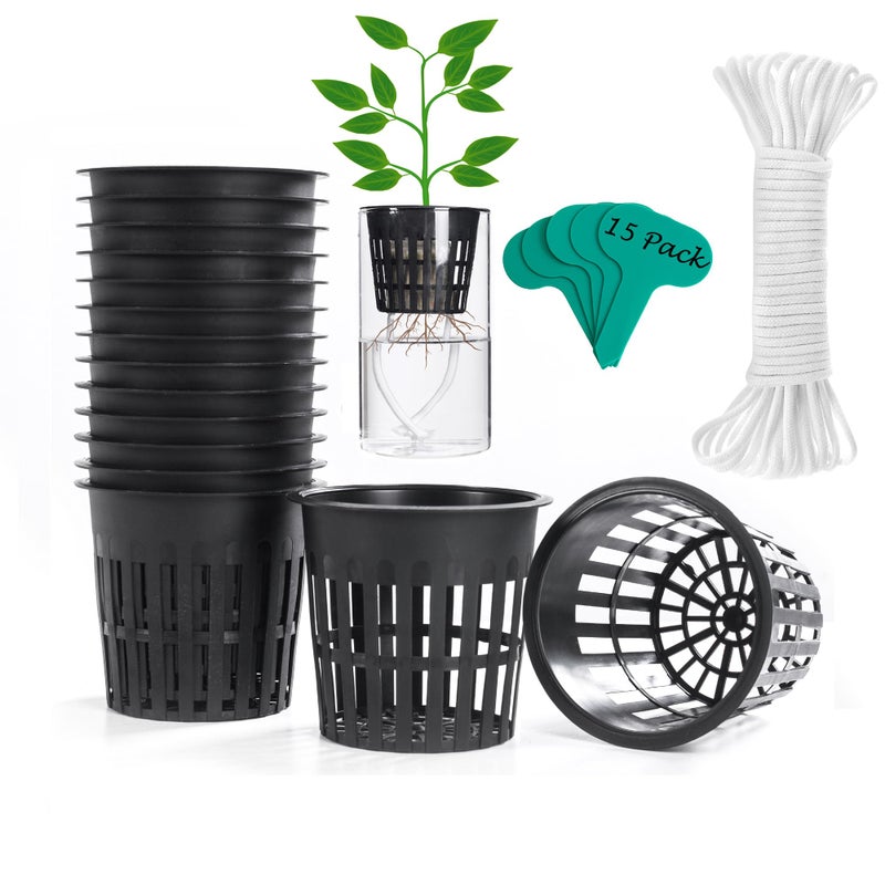 ORIMERC 4 inch 15 Pack Net Cups Pots, with 15 feet Self Watering Rope, 15 Plant Labels, for Hydroponics Aquaponics Kratky Orchid Vegetable Indoor Outdoor Growing Baskets Nursery Slotted Mesh BPA Free - Image 1