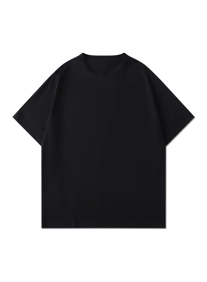 Men Black Plain Knitted Round Neck T-Shirt with Short Sleeves