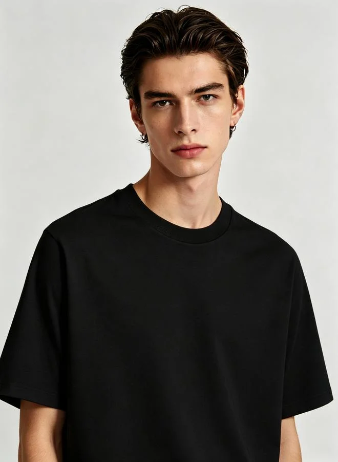 Take Two  Men Black Plain Knitted Round Neck T-Shirt with Short Sleeves for Men | Best Price UAE