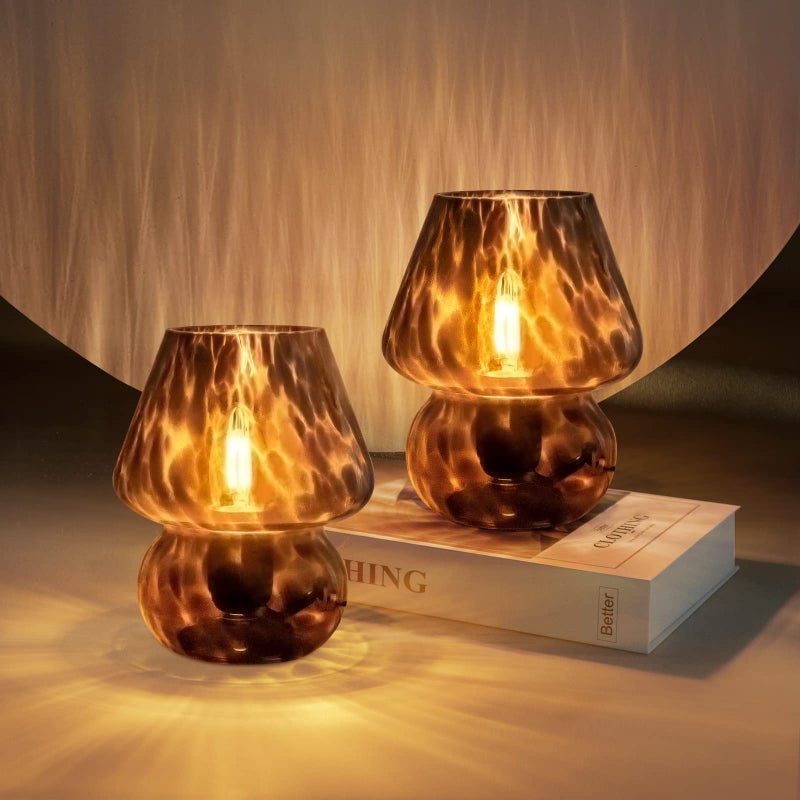 ONEWISH Mushroom Lamp Small Vintage Table Lamp for Bedroom Set of 2 Nightstand Bedside Lamp Translucent Glass Dimmable Murano Aesthetic Home Decor for Living Room Kitchen DormBlack