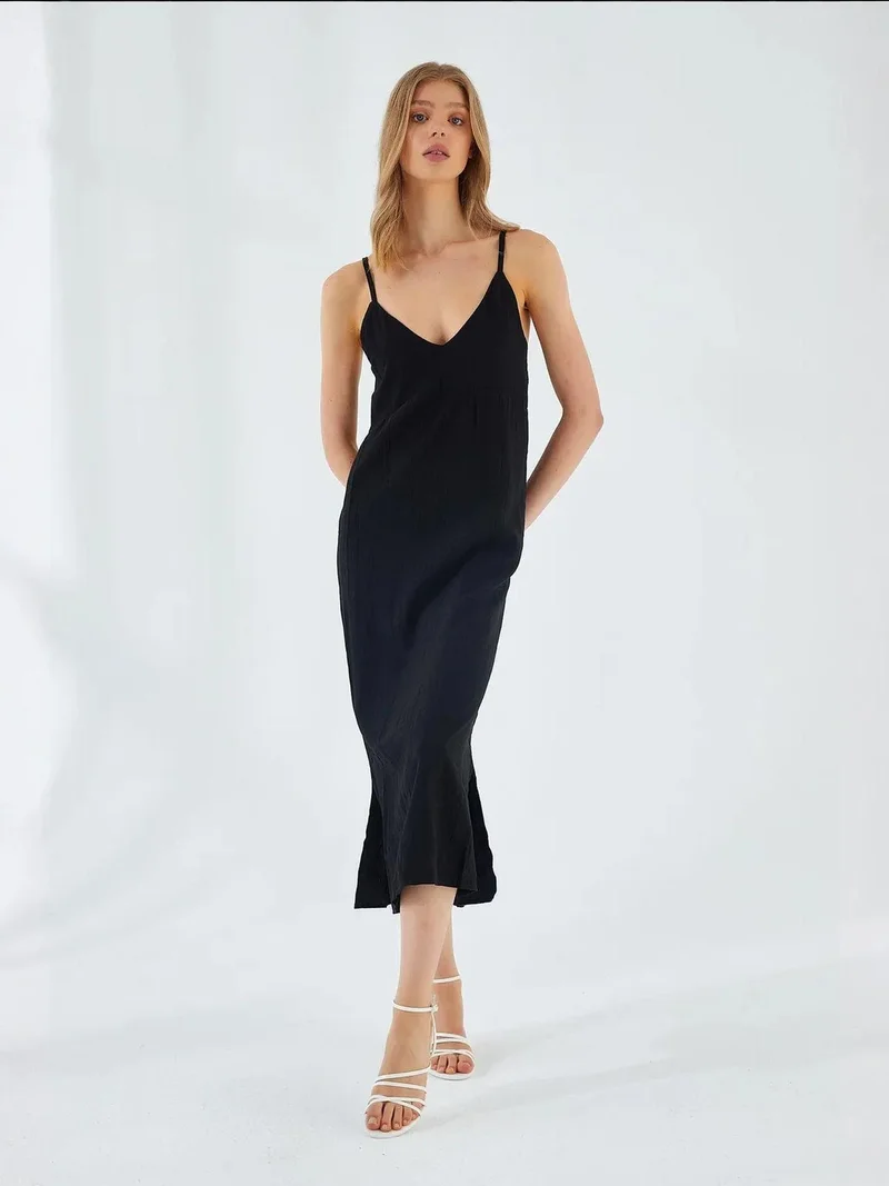 MixRay Black Mixray V-Neck Slit Midi Dress for Women | Best Price UAE