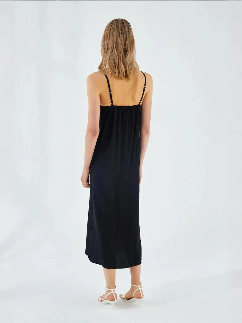 MixRay Black Mixray V-Neck Slit Midi Dress for Women | Best Price UAE