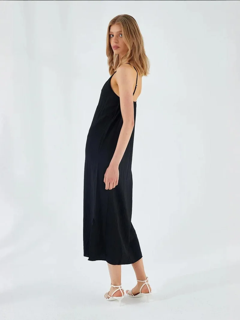 MixRay Black Mixray V-Neck Slit Midi Dress for Women | Best Price UAE
