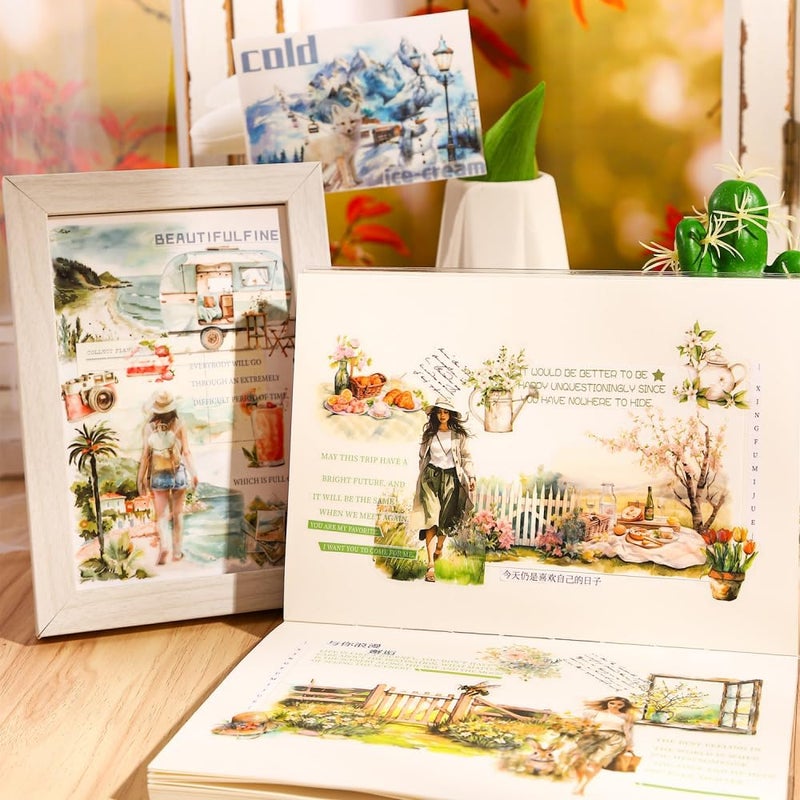 Dwpetzo Spring Landscape Pre-Cut Journal Sticker Book for Junk Journaling, Transparent PET Stickers for Scrapbook Supplies, Scrapbooking, Collage, Planners, Bujo, 20 Sheets - Image 3